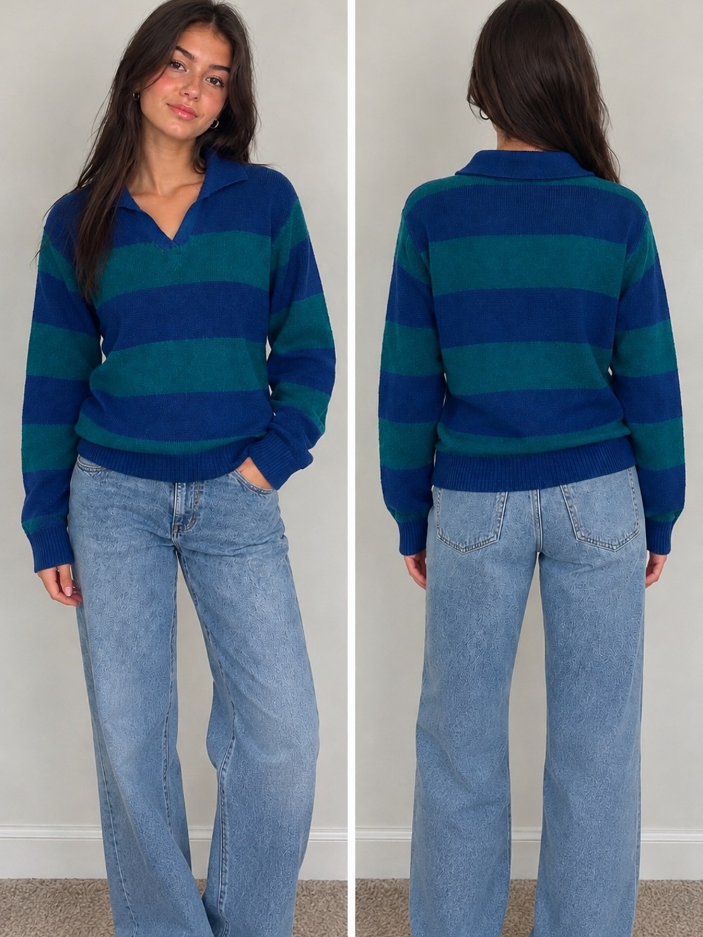 Urban Outfitters Striped V-Neck Sweater in Blue & Teal